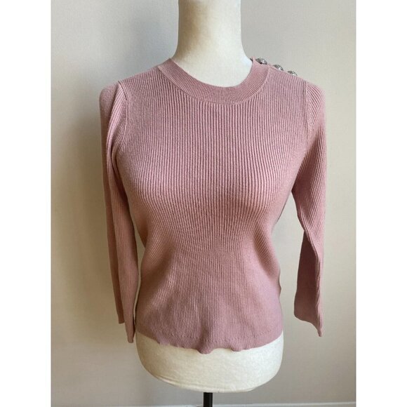 L'AGENCE BNWOT "Ronnie" women ribbed crew neck sweater blush button detail - Picture 2 of 7